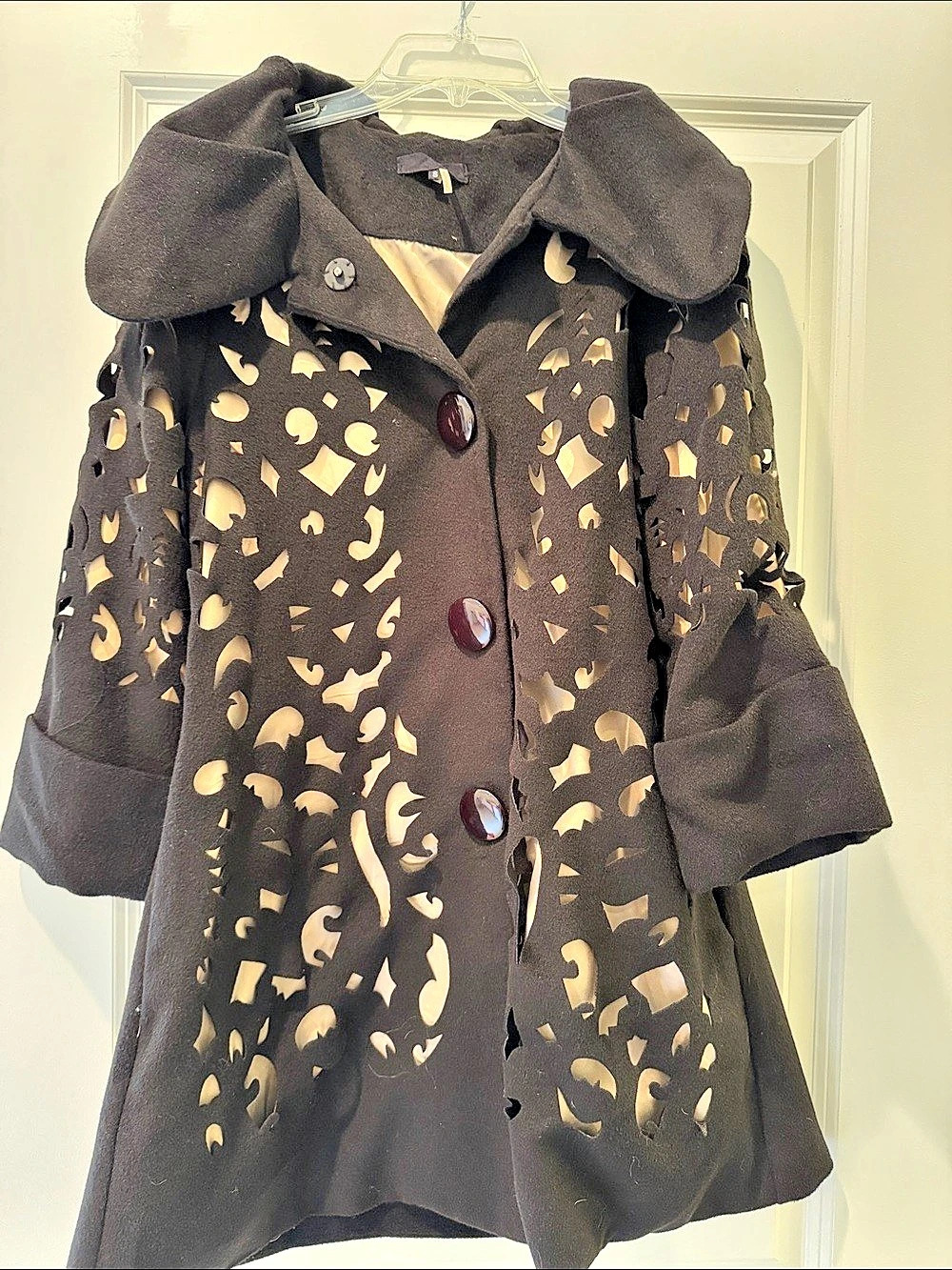Ryu Cutout Wool-Look Laser Cut Coat in Black & Nude Small